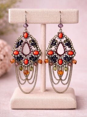 Bohemian Multicolor Dangle Earrings with Orange Accents